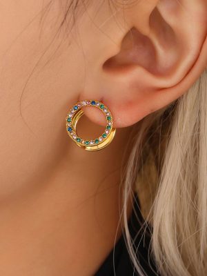 Stainless Steel Mixed Color Zircon Double-Sided Earrings Light Luxury PVD Gold-Plated Exquisite Circle Earrings Women