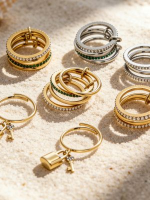 Micro Inlaid Zircon Small Lock Key Tassel Open Ring Twin Three Ring 5A Personality Ring New