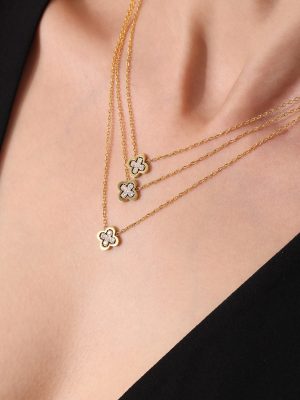 Lucky Four-Leaf Flower Stainless Steel Necklace Ear Stud Female Flower Luxury 18K Gold Multilayer Collarbone Necklace Suit