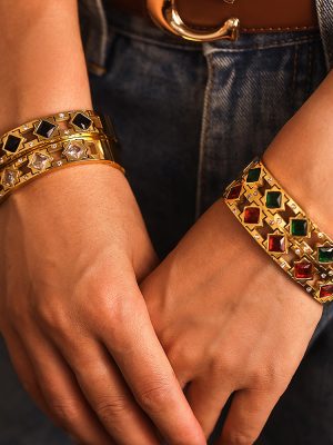 Square Zircon Glass Buckle Bracelet Luxury Elegant Jewelry Stainless Steel PVD Plating