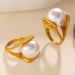 New Retro Cold Imitation Pearl Ring Stainless Steel 18K Gold Plating Design Temperament Female
