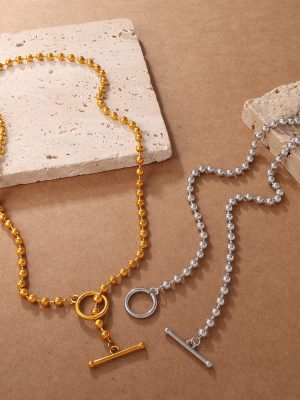 New Retro Golden Balls Steel Ball Necklace Versatile OT Buckle Design Simple round Beads Necklace