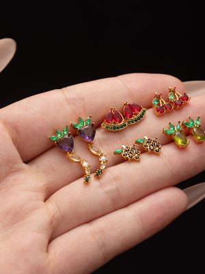 Stainless Steel Red and Green Zircon Stud Earrings Women's Light Luxury Earrings High-End Earrings All-Match Jewelry