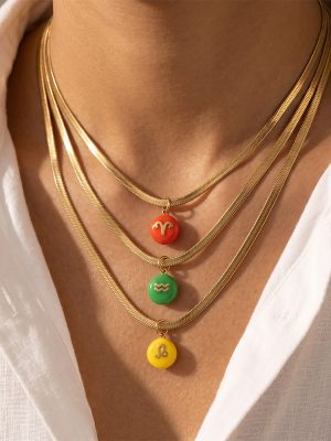 Dopamine Color Twelve Constellation round Plate Pendant Snake Bones Chain Necklace Plated 18K Gold Stacked Wear Necklace