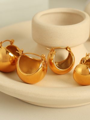 Retro Spherical Stainless Steel Earrings C- Shaped Hollow Circle 18K Gold Earrings