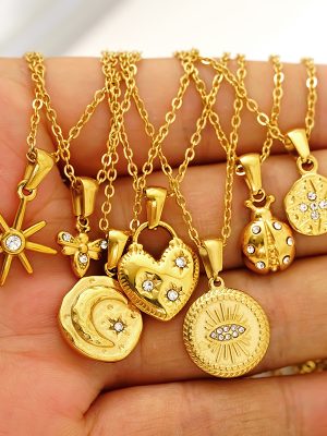 Retro Sun Moonlight Eight Awn Star Gold-Plated Stainless Steel Necklace Women's All-Match High-Grade Ornament