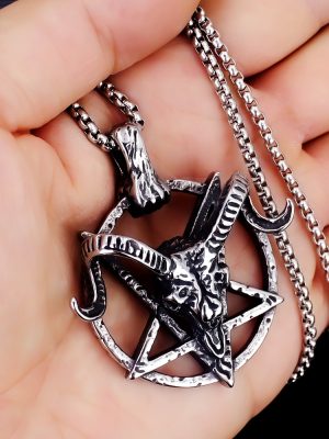 Satan Pentagram Zodiac Animal Sheep Head Stainless Steel Necklace and Pendant Vintage Club Personality Ornament