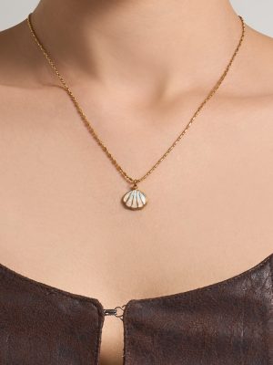 Stainless Steel 18K Gold Plating Shell Oil Dripping Design Women's Necklace Imitation Pearl Clavicle Chain