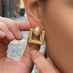 Stainless Steel Artificial Pearl Earrings 18K Gold Plated Geometric Square Ear Studs Female Graceful Earrings