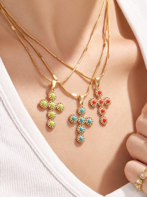 Loving Heart Zircon Cross Clavicle Chain Stainless Steel Gold-Plated Light Luxury High-Grade Female Accessories Necklace Accessories