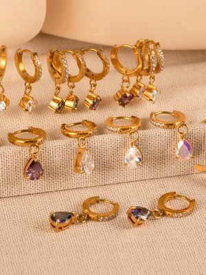 Inlaid Zircon round Pendant Earrings Light Luxury Real Gold Colorful Crystals Women's Ear Clip Earrings Stainless Steel