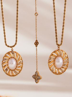 Classic Style Natural Shell Four-Leaf Flower Y-Shaped Tassel Inlaid Zirconium Clavicle Chain Exquisite Imitation Pearl Twin Necklace