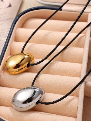 Women's Simple Pull Adjustment Black Rope Advanced Long Necklace Leather Rope Glossy Exaggerated Water Drop Large Sweater Chain Men