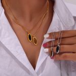 French Style Vintage Ornament Tigereye Pendant Diamond Shell Shape Design Stainless Steel Necklace