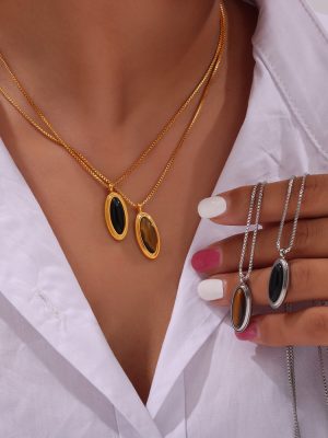 French Style Vintage Ornament Tigereye Pendant Diamond Shell Shape Design Stainless Steel Necklace