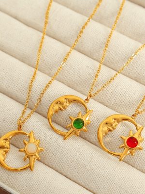 Hollow Star Moon Necklace Sun Star Opal Pendant Clavicle Chain Light Luxury Jewelry