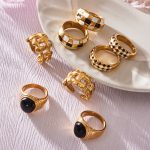 Chessboard Grid Dripping Oil Switchable Index Finger Ring Middle Ancient Temperament Stainless Steel Ring Set