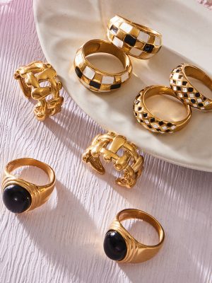 Chessboard Grid Dripping Oil Switchable Index Finger Ring Middle Ancient Temperament Stainless Steel Ring Set