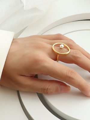 One Piece Dropshipping Electroplated 18K Gold Geometric Stainless Steel Ring Imitation Pearl Ring Ornament Women's Non-Fading