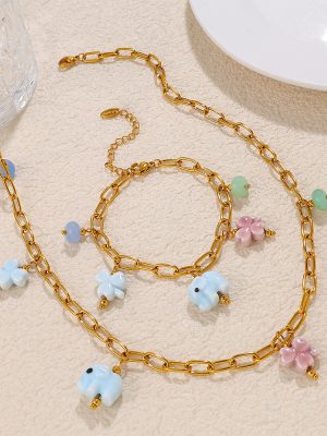New Versatile Stainless Steel Gold Ceramic Creative Natural Stone Color Elephant Design Necklace
