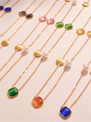 Candy Color Square Opal Long Twin Clavicle Chain PVD Gold Plated High Quality Women's Jewelry