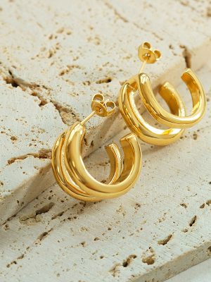 Simple Commute Business Accessories Simple Bracelet Double Buckle C- Shaped Earrings Stainless Steel 18K Gold Plating Colorfast Ear Studs Earrings