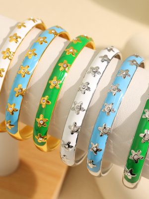 Stainless Steel C- Shaped Diamond Flower Drop Oil Bracelet for Girls Advanced Ins Design Gold