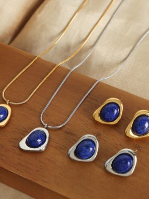 New Retro Irregular Geometric Stainless Steel Gold-Plated Inlaid Natural Stone Pendant Necklace and Earrings Suite Ornament Women