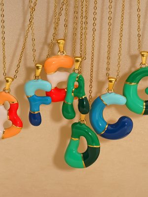 Stainless steel versatile letter necklace with oil-drip design, women’s dopamine-colored bubble clavicle chain.