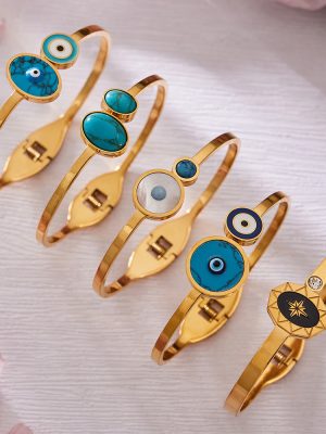 Natural Stone Simple Personality Spring Bracelet Oil Dripping Devil's Eye Design Stainless Steel Open Bracelet