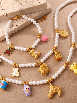 Pearl More than String Ornament Pendant Necklace Bracelet Cute Bear Smiley Face Element Sweet Jewelry Set