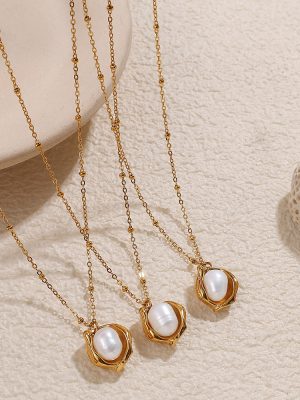 French Simplicity Clavicle Chain Peanut Pearl Necklace Women's Stainless Steel 18K Gold Plating Bowl Bean Pendant