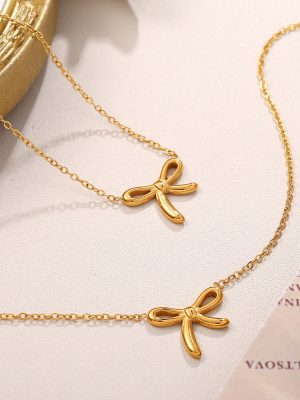 INS Light Luxury Design Versatile Irregular Bow Necklace Stainless Steel Plated 18K Female Clavicle Chain