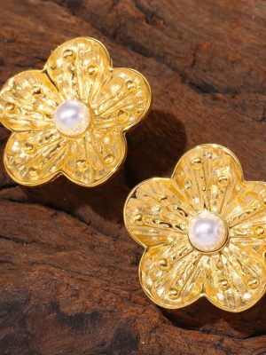 Texture Petal Flower Inlaid Shell Pearl Ear Studs Stainless Steel Electroplated 18K Gold Earrings Earrings Combination