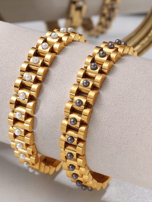 Advanced Stainless Steel Bracelet Plated 18K Gold Watchband Type with Beads for Men and Women