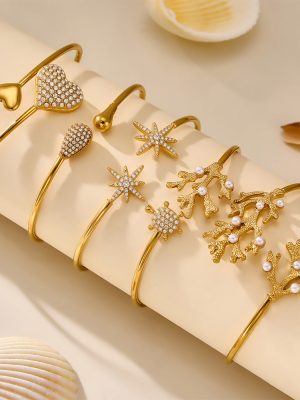 Stainless Steel Coral Shell Pearls Open-Ended Bracelet 18K Gold Plating All-Match Love Heart Eight-Pointed Stars 5A Zircon