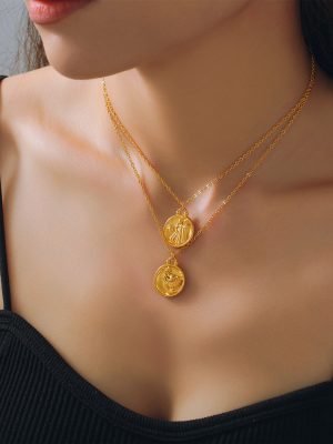 All-Matching Graceful Ornament Embossed XINGX Twelve Constellation Design round Plate Pendant Stainless Steel Necklace