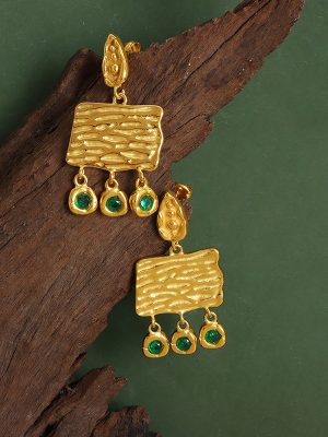 Retro Exotic Exaggerated Wood Grain Rectangular Tassel Inlaid Shining Zircon Light Luxury Personality Stainless Steel Female Earrings