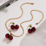 High Quality Dark Red Cherry Earrings Studded with Zircon Necklace 18K Gold Plated Stainless Steel Jewelry