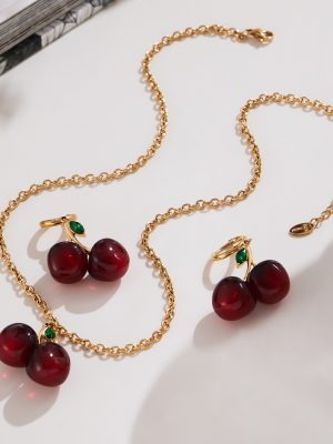 High Quality Dark Red Cherry Earrings Studded with Zircon Necklace 18K Gold Plated Stainless Steel Jewelry