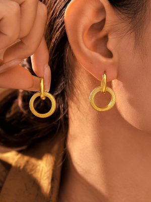 Fashionable Double Ring Threaded Earrings Stainless Steel PVD Plating Simple Circle Non-Allergic Popular Earrings