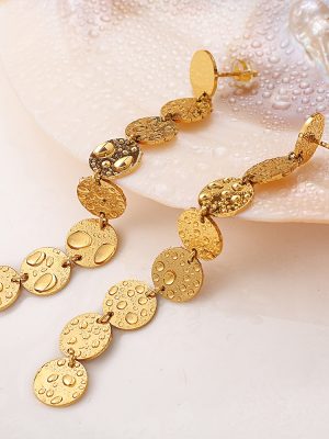Versatile Geometric Texture Oval Earrings Long Tassel Stainless Steel 18K Gold Earrings