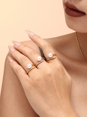 Exquisite Elegant Micro Inlaid Zircon Shijia Open-End Pearl Ring Women's Light Luxury Stainless Steel Ring Bracelet