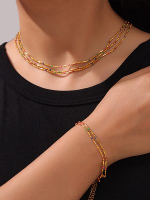 Fresh and Elegant Simple Personality All-Match Commute Ornament Rice Bead Chain Oil Dripping Design Stainless Steel Jewelry Set