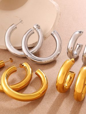 Glossy C- Shaped Hollow Earrings Non-Fading Plated 18K Gold Light Luxury Large Circle Design Ornament Women