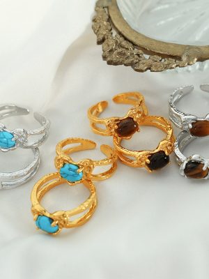 Artistic Retro Heart-Shaped Stainless Steel Open Ring Tigereye Turquoise Design