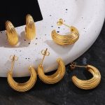 Hong Kong Retro Design Striped C- Shaped Earrings Stainless Steel 18K Gold Plating All-Match Simple Earrings