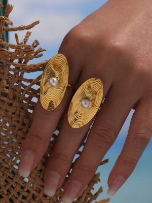 18K Real Gold Oval Shell Pearls Open Ring Female Stainless Steel Color Retention Exaggerated Jewelry