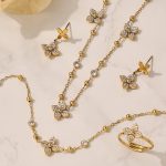 Stainless Steel Flower Zircon Clip Beads Necklace Bracelet Plated 18K Real Gold Geometric Earring Ring Jewelry Set