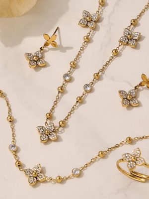Stainless Steel Flower Zircon Clip Beads Necklace Bracelet Plated 18K Real Gold Geometric Earring Ring Jewelry Set